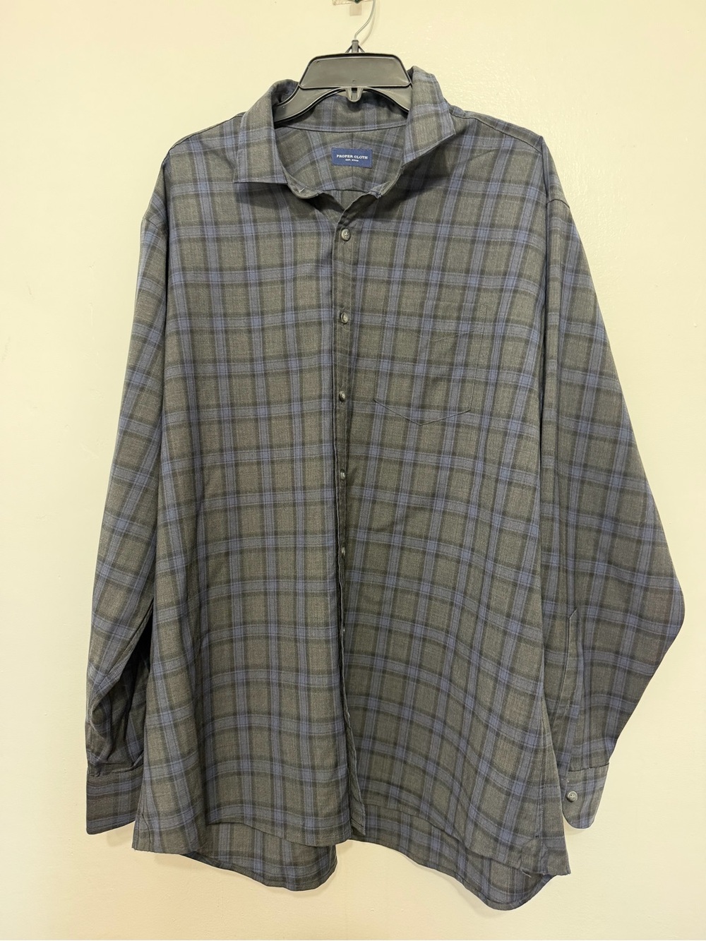 Proper Cloth Men's Gray Plaid 100% Merino Wool Button-Up Shirt